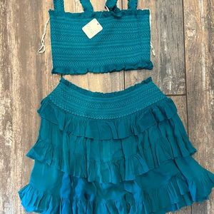 Free people crop smocked ruffle trim top with skirt set   100% viscose